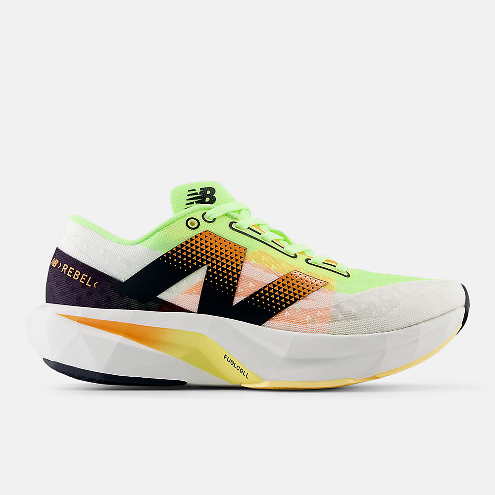 New Balance FuelCell Rebel v4 Shoes White with Bleached Lime Glo and Hot Mango